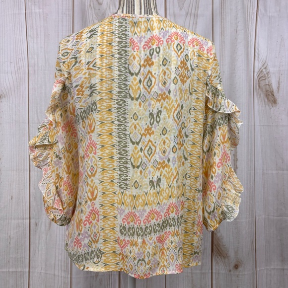 Boho Blouse 3/4 Ruffle Sleeve V-Neck Lightweight Sheer Multicolor Fall Top Sz PM - Picture 3 of 11